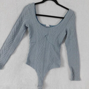 Blue Long Sleeve Bodysuit Top Knit Scoop Neck Casual‎ Womens